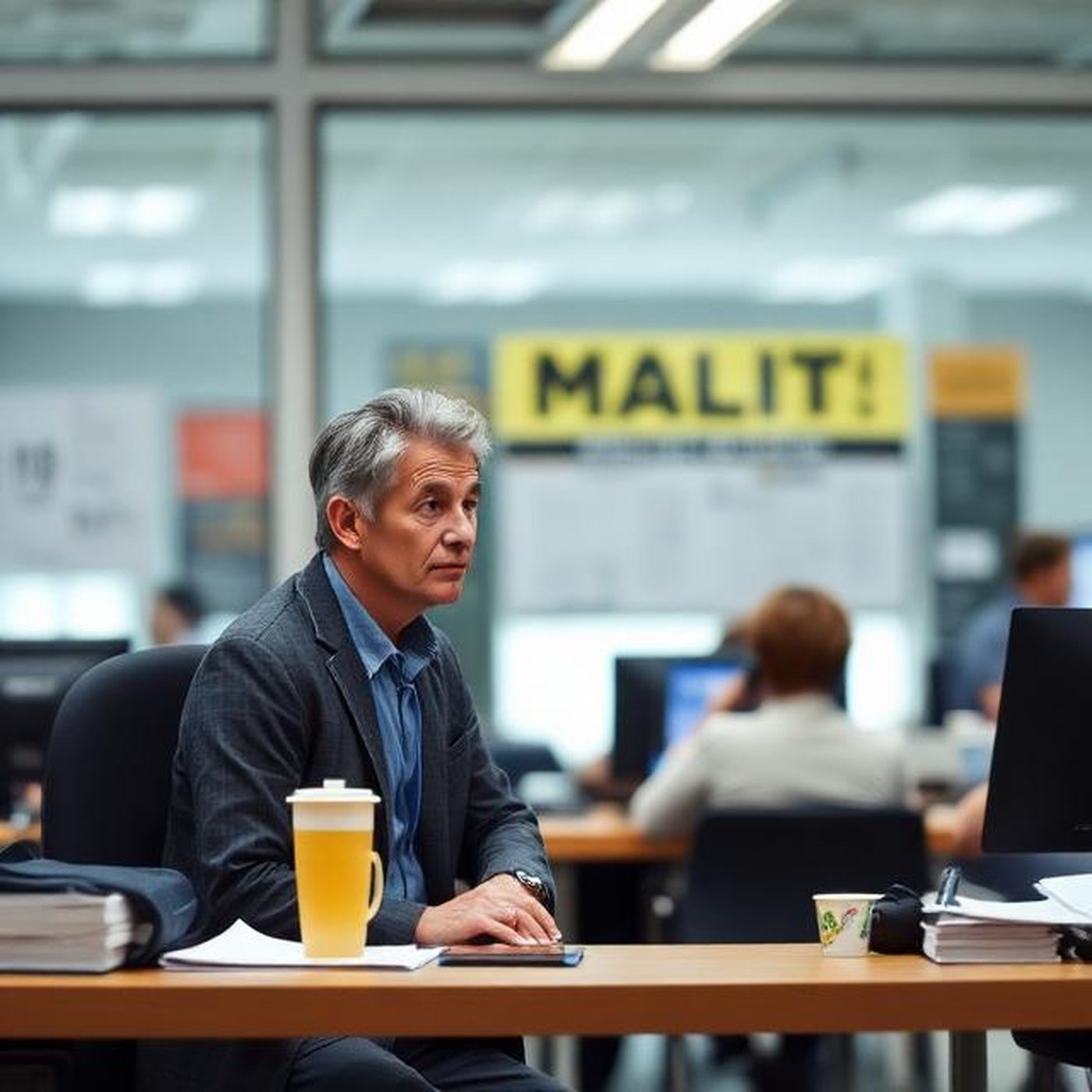 An older employee at his desk in an open office