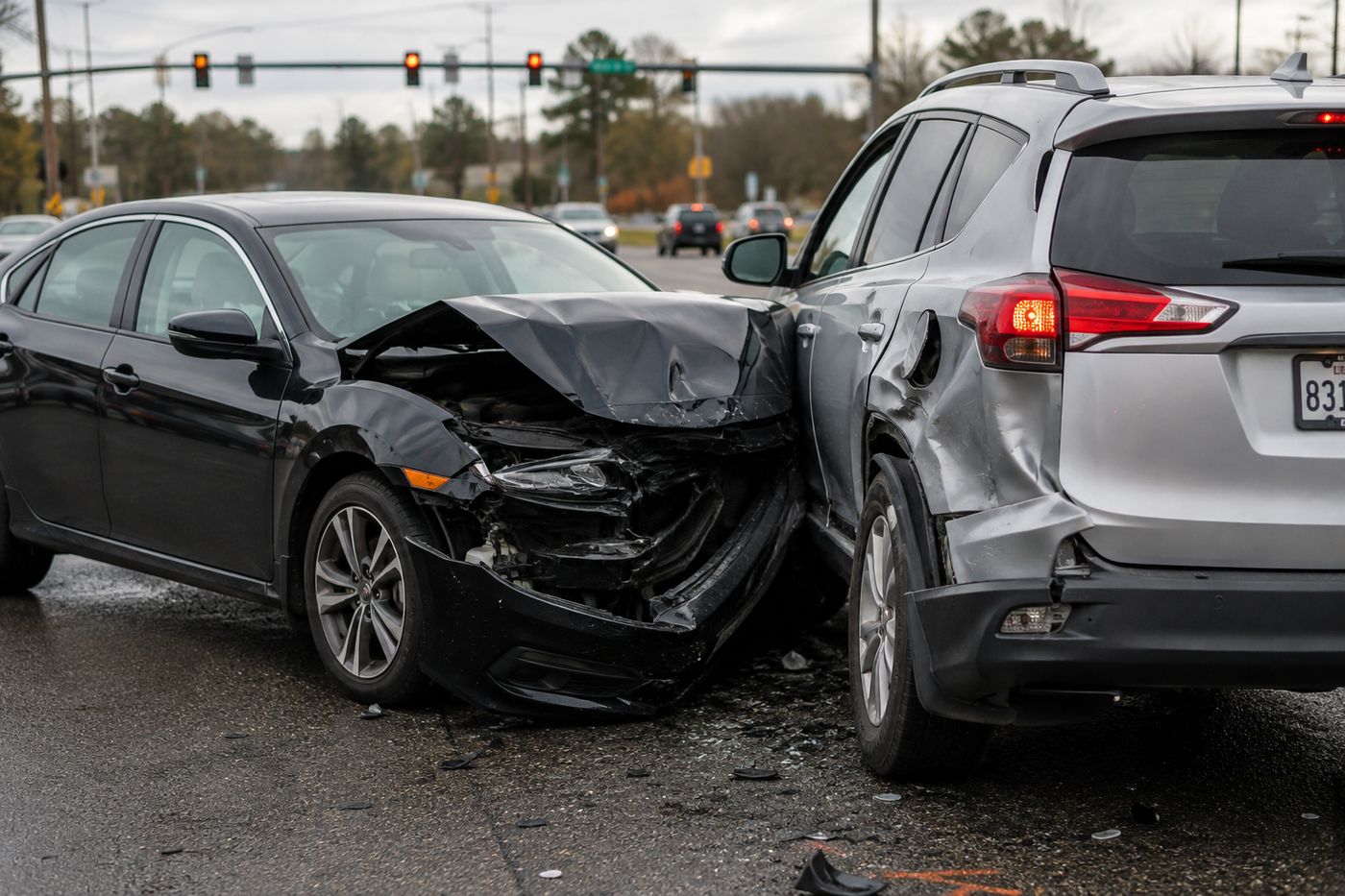 A rear-end collision between a sedan and an SUV at an intersection