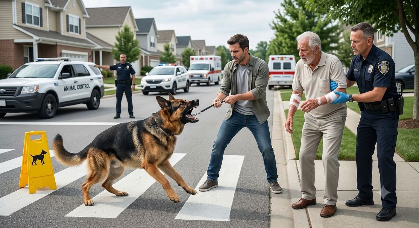 A leashed dog lunging during an animal control response
