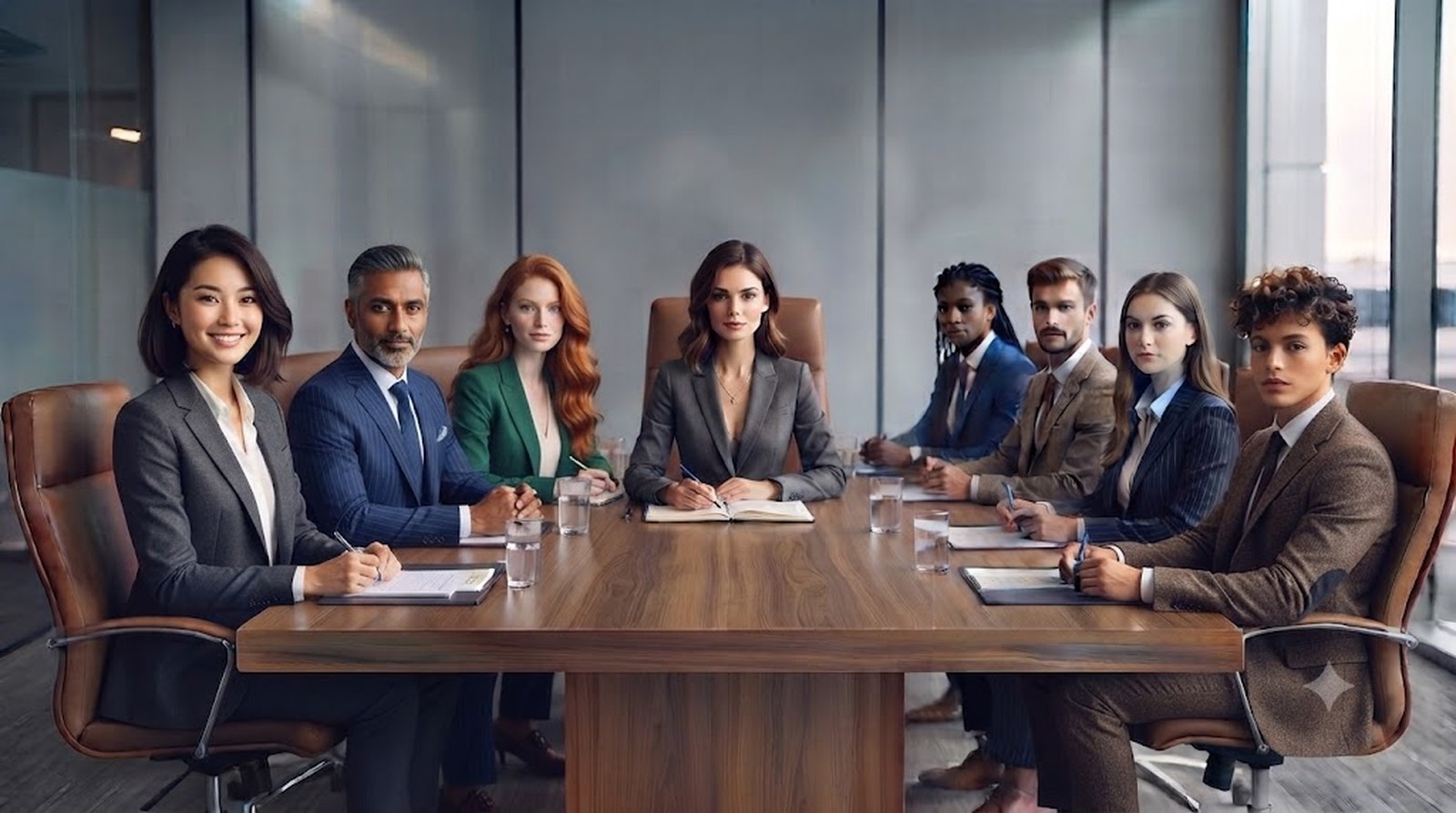A team seated around a conference table in an office meeting