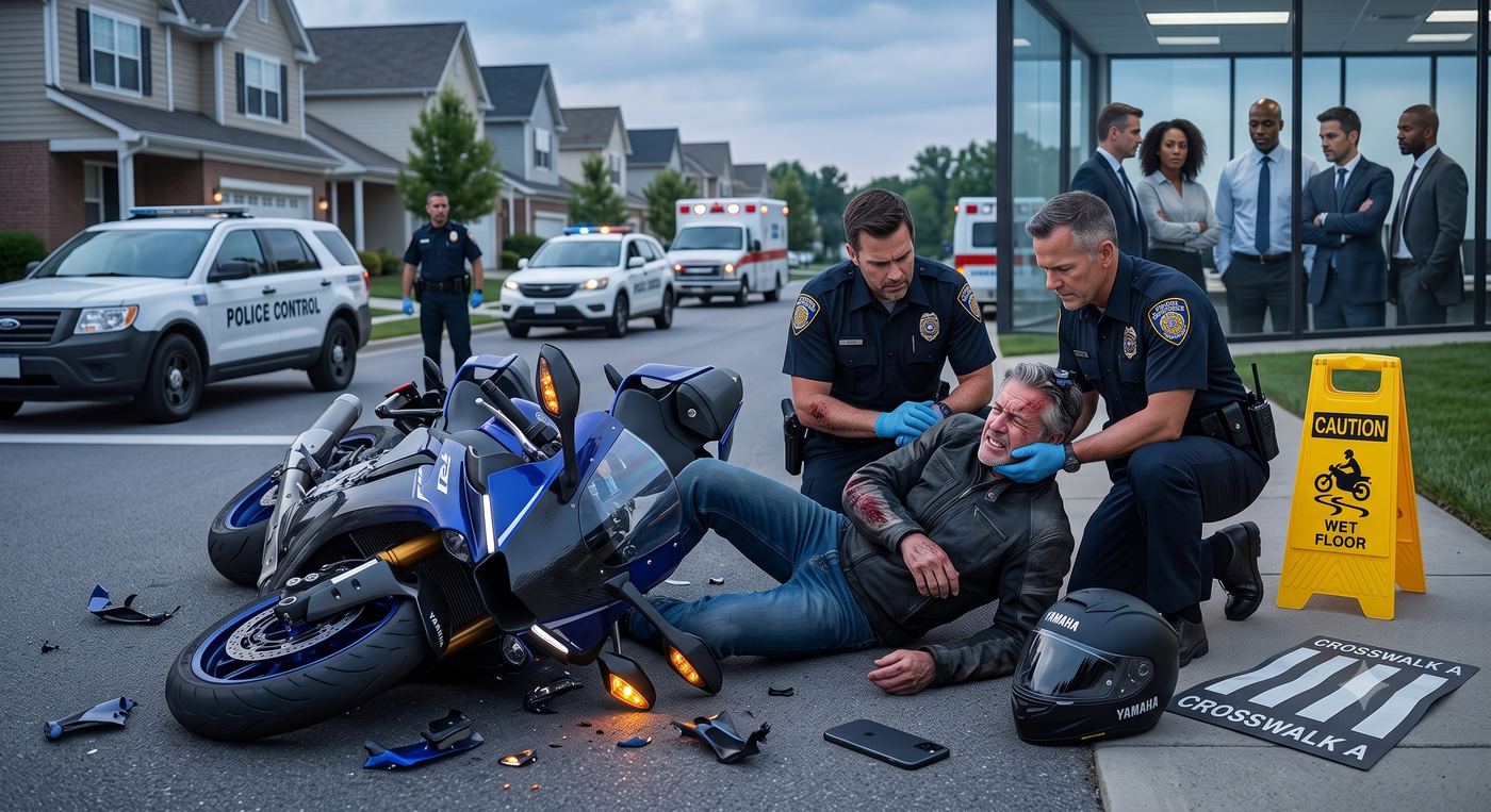 First responders assisting an injured motorcyclist at an accident scene