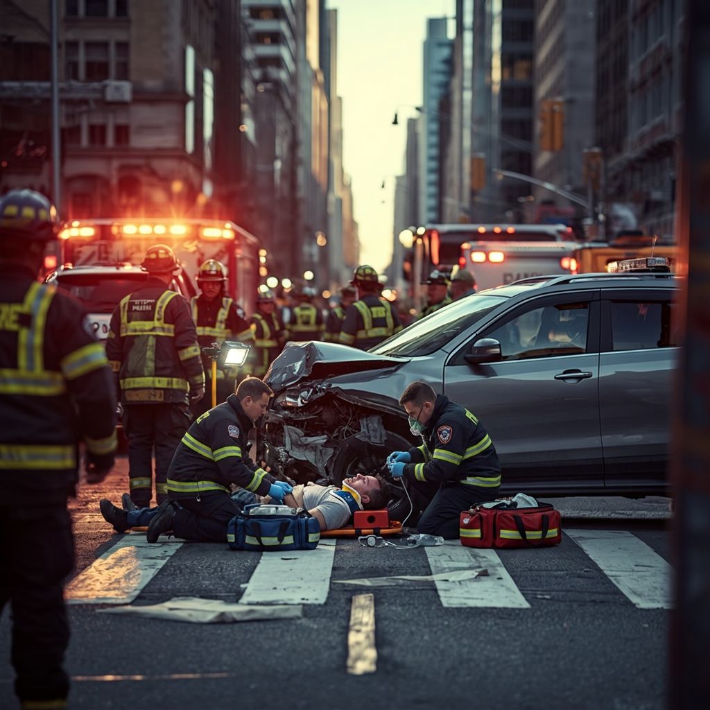 Paramedics treating an injured pedestrian on a crosswalk next to a damaged car