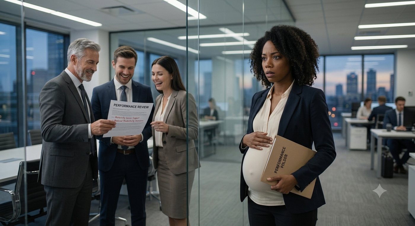 A pregnant employee holding a performance folder while coworkers meet separately in the office
