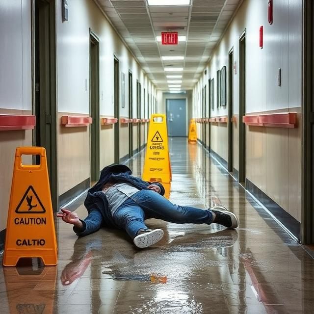 A person fallen on a wet floor in a building hallway next to caution signs
