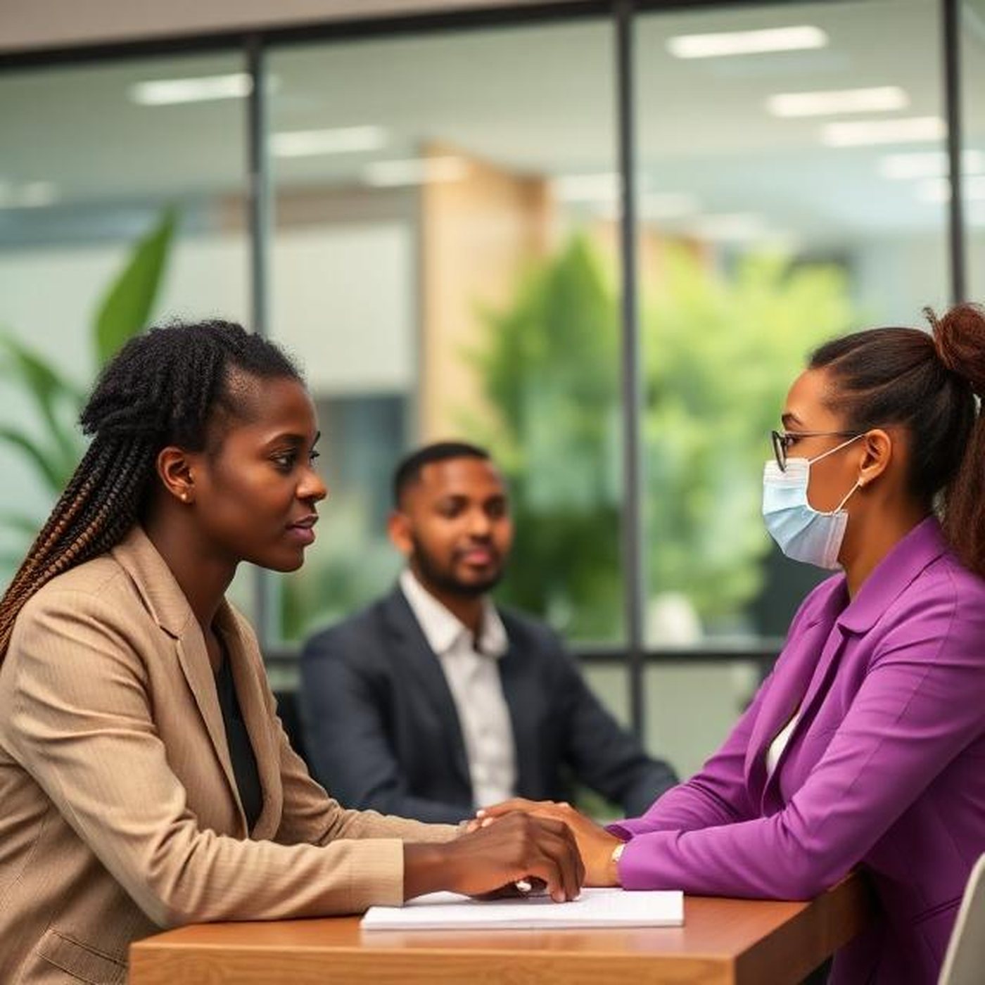 Coworkers meeting at a table in an office