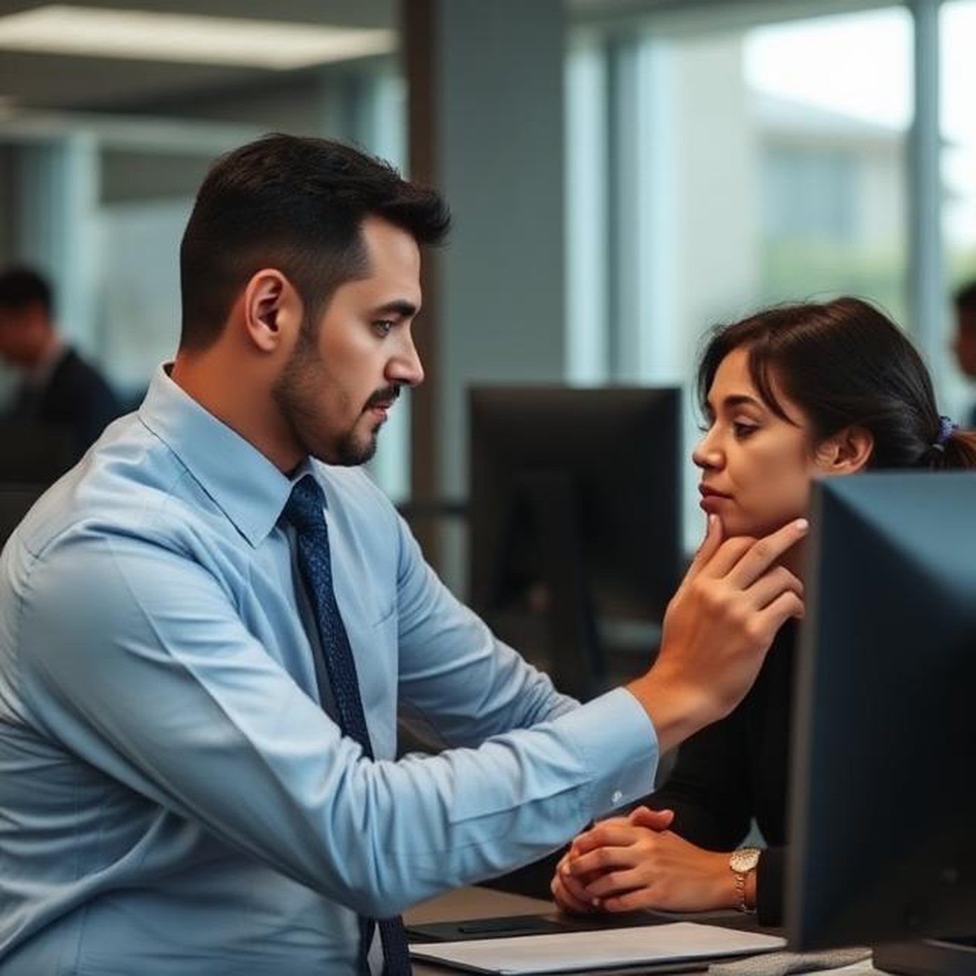 A tense workplace interaction between a supervisor and an uncomfortable employee