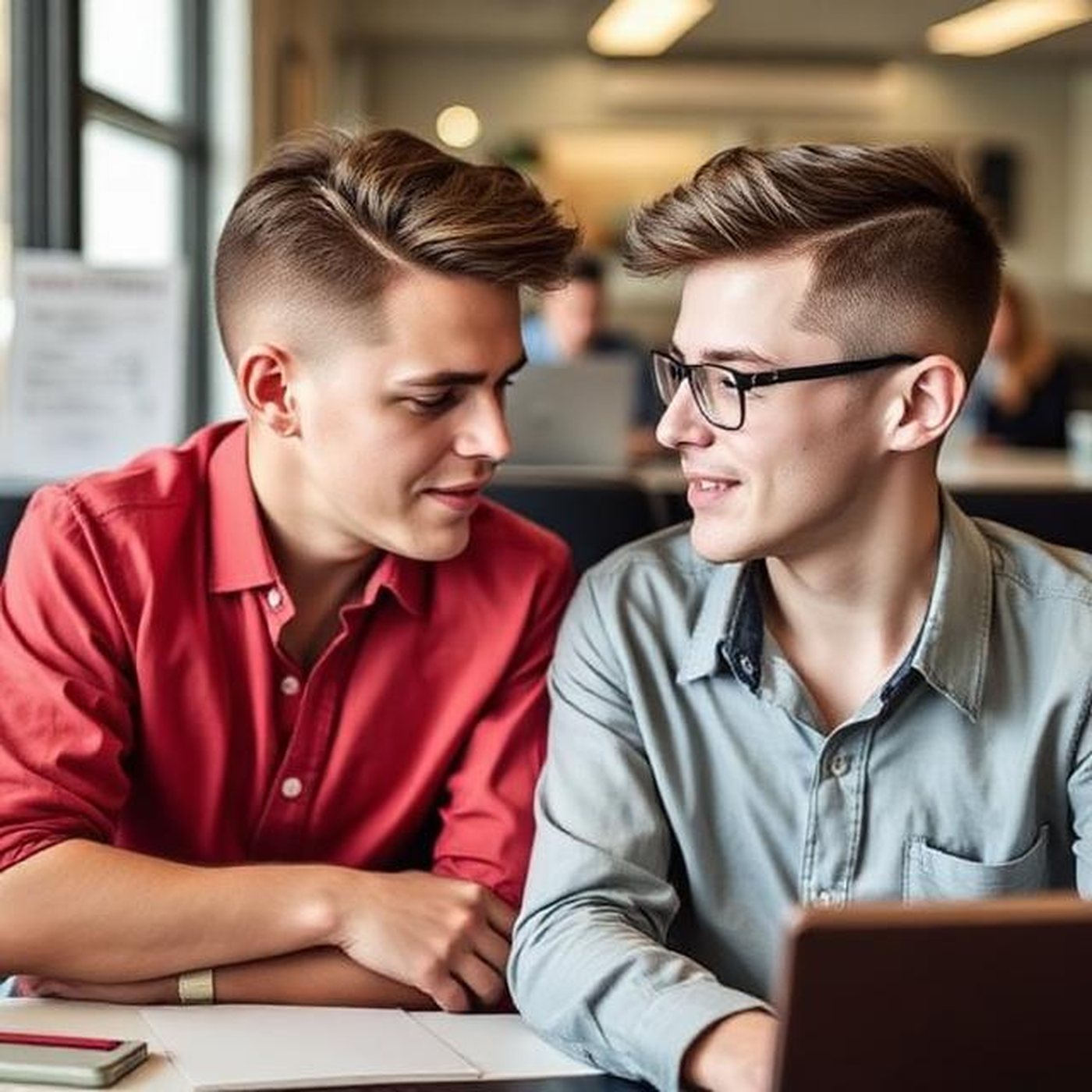 Two coworkers talking together at a table in the office