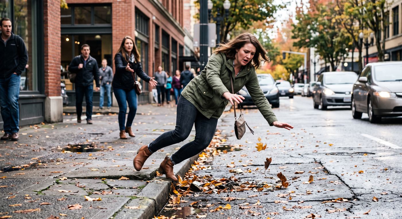 A woman tripping over a cracked, uneven sidewalk curb on a city street