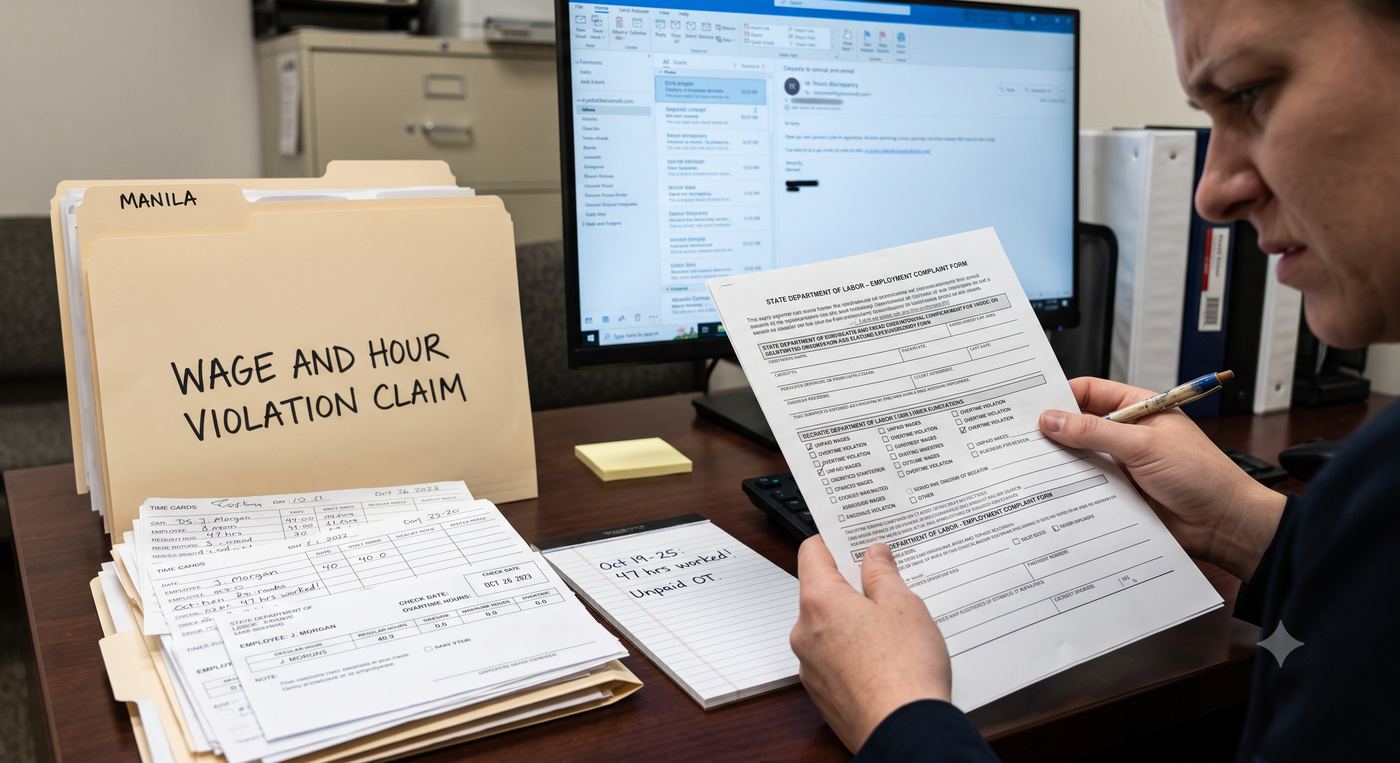 A desk with a wage and hour violation claim file, timecards, and a labor complaint form
