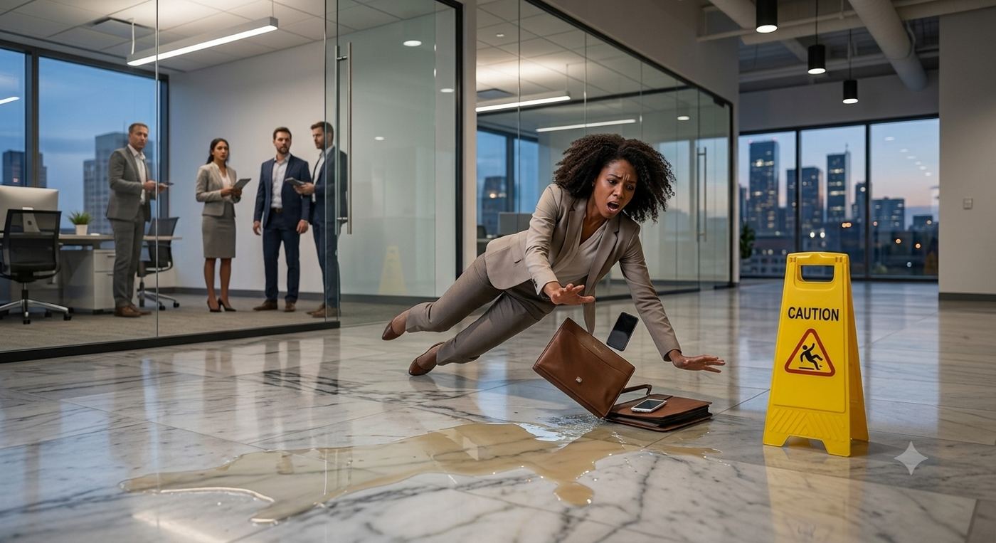 A businessperson slipping on a wet floor near a caution sign in an office lobby