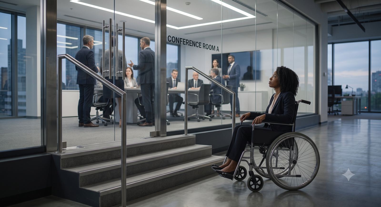 A woman using a wheelchair facing a staircase blocking access to a conference room