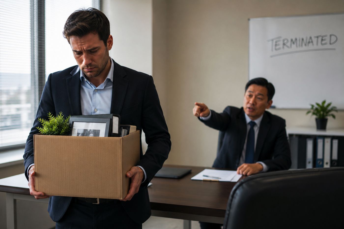 A man carrying a box of personal belongings after being terminated, while his manager points toward the door